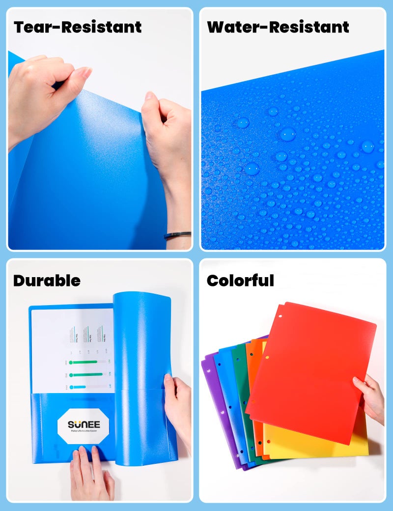 SUNEE 3 Hole Pocket Folders (6/Pack, Assorted Color) Plastic Pocket Folders for 3 Ring Binder, 3-Hole Punched Folders with Pockets, for Kids, Students, Teachers, Office Staff - Image 4